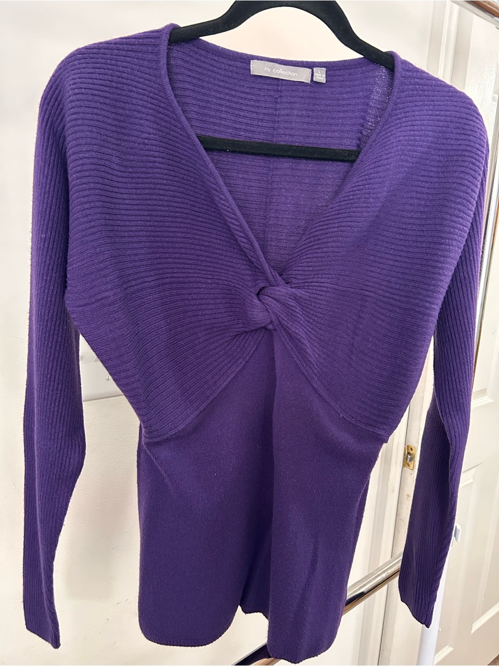 NY Collection Purple Twist-Front Long Sleeve Top